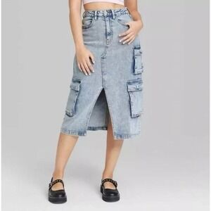 Wild Fable Light Wash Cargo Midi Denim Skirt‎ Size XS Summer Grunge